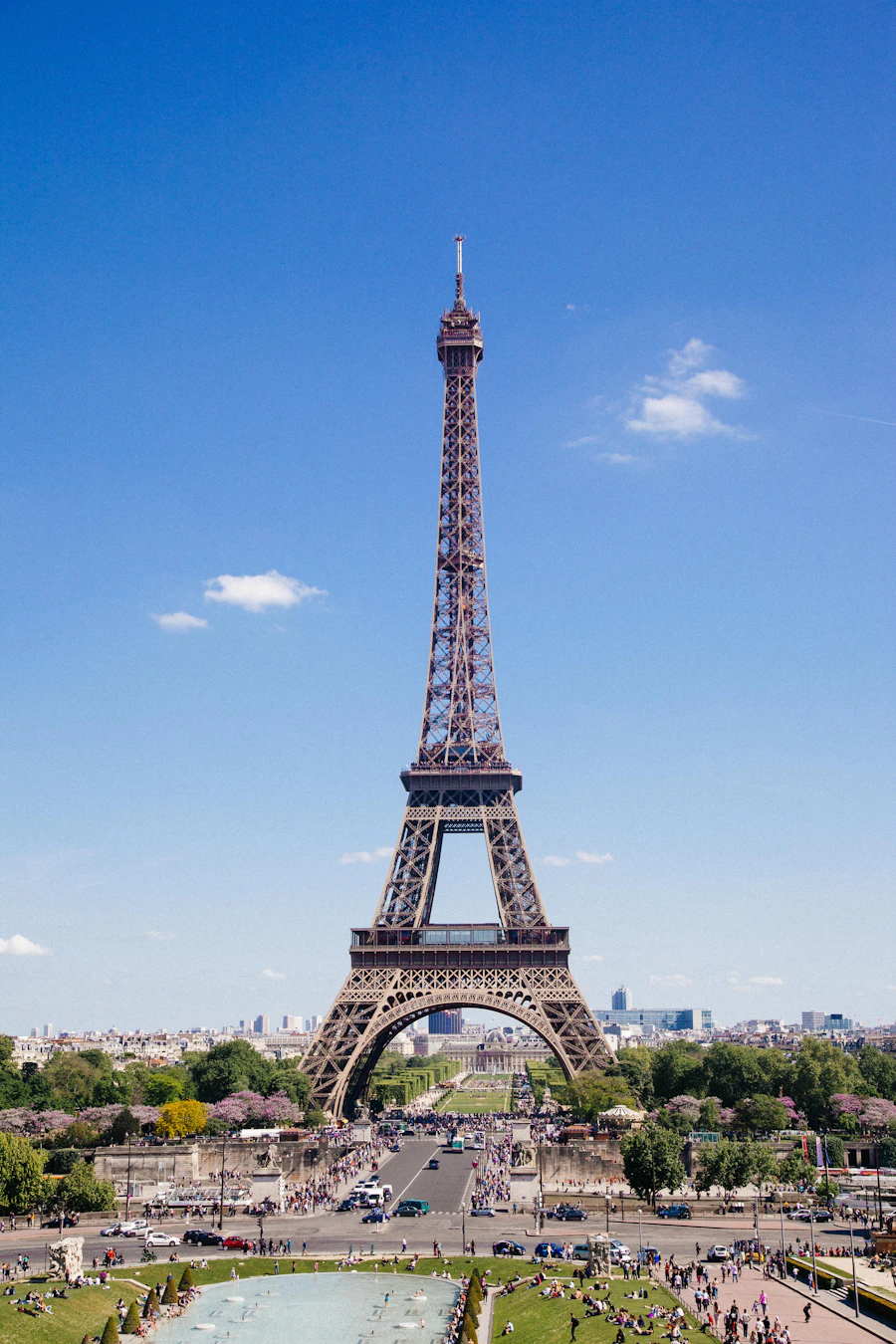 The Eiffel Tower in Paris against a clear blue daytime sky
